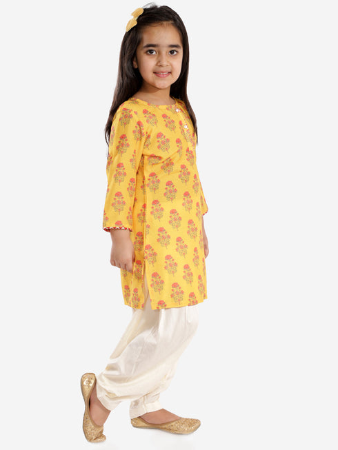 Vastramay Girls' Mustard And Cream Linen Kurta And Patiala Set